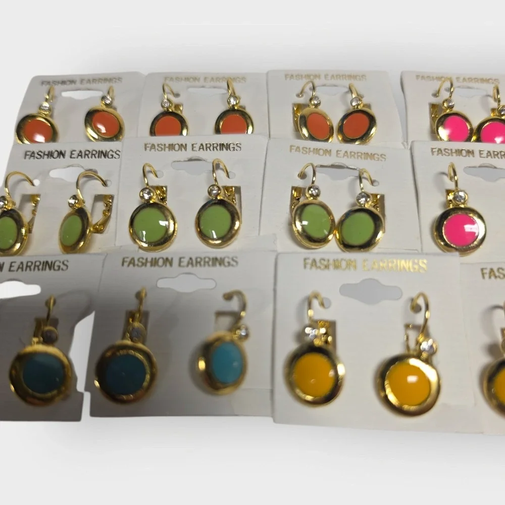 Lot of‎ 12 NEW VINTAGE Colorful Drop Earrings Gold Tone Round Korean Leverback